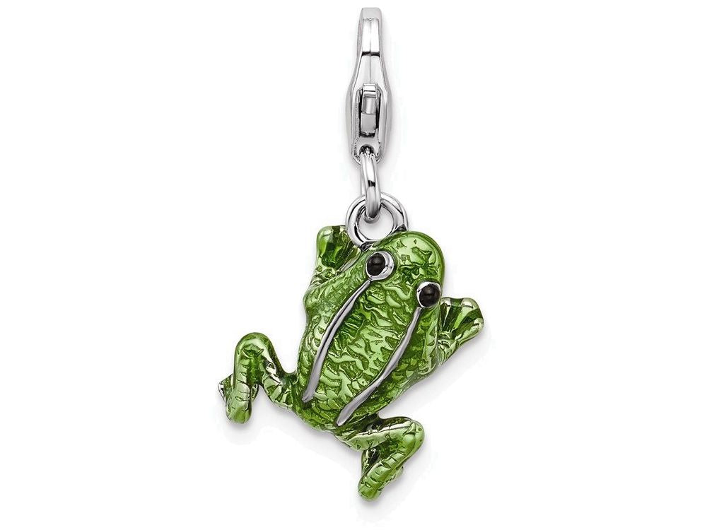 Sterling Silver Rhodium-plated 3-d Enameled Frog With Lobster Clasp Charm
