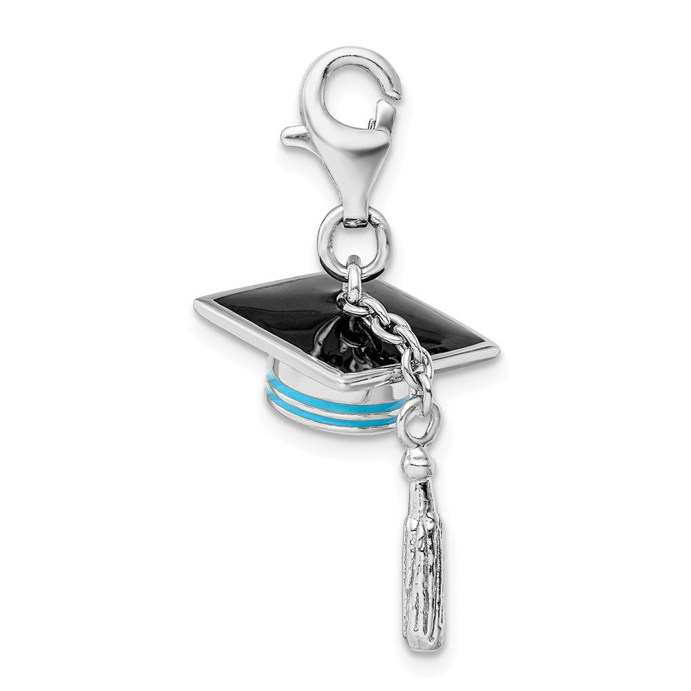 Sterling Silver Rhodium-plated Polished And Enamel Graduation Cap Charm