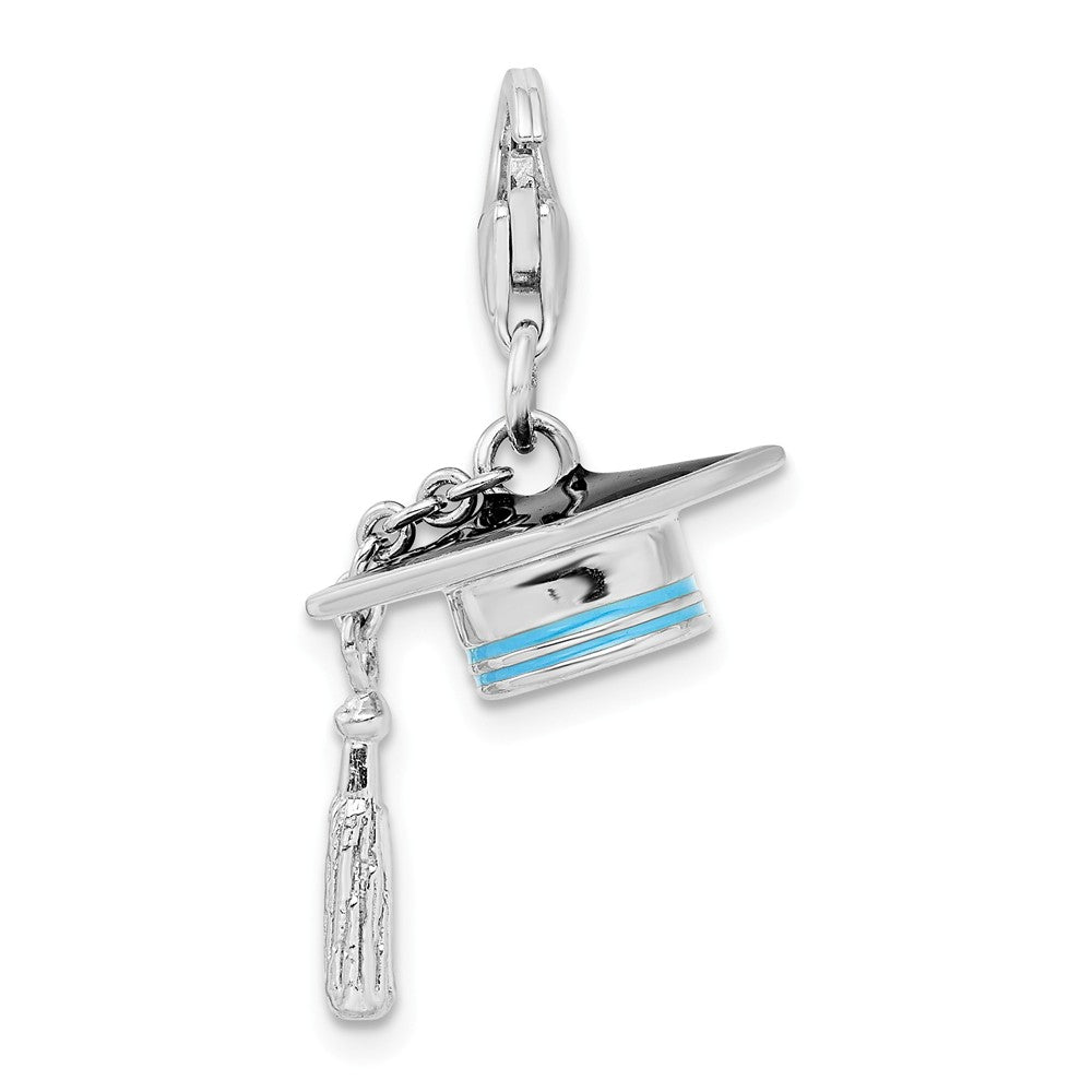 Sterling Silver Rhodium-plated Polished And Enamel Graduation Cap Charm