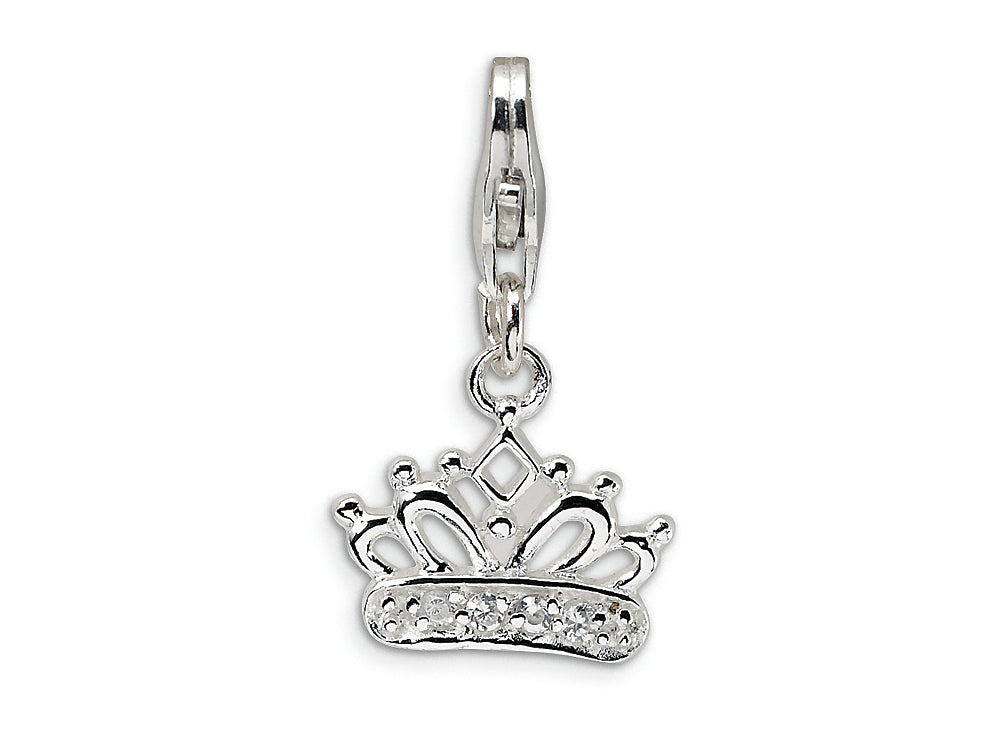 Amore LaVita Sterling Silver CZ Crown Lobster Clasp Charm for Bracelet 13 x 23mm