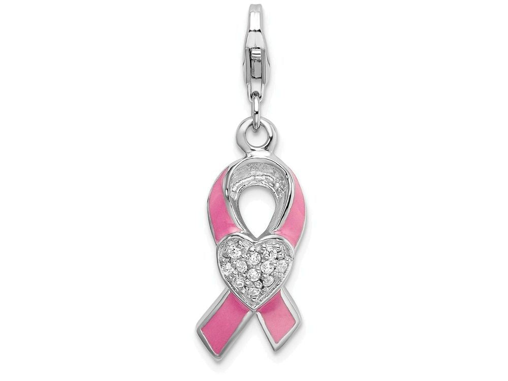 Sterling Silver Rhodium-plated Enameled With Cz Awarenesterling Silver Ribbon and Heart Charm