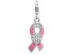 Sterling Silver Rhodium-plated Enameled With Cz Awarenesterling Silver Ribbon and Heart Charm