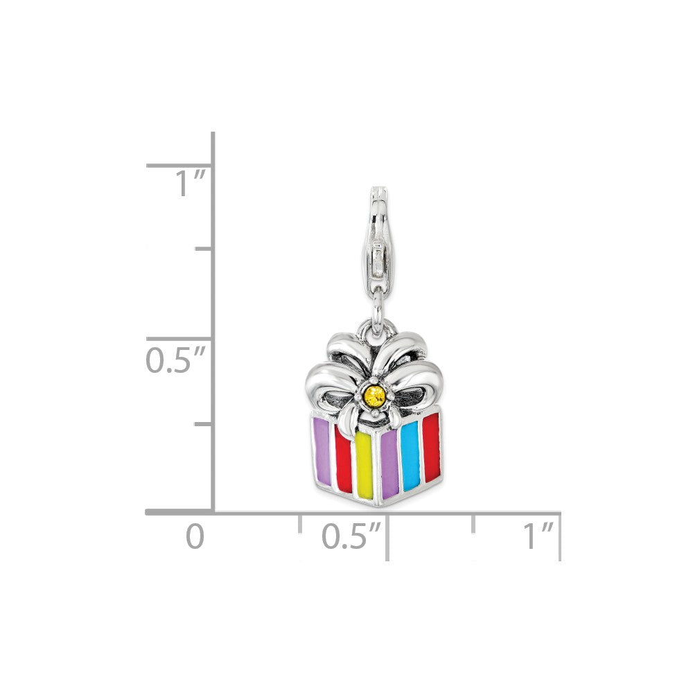 Sterling Silver Rhodium-plated Yellow Enameled Present With Lobster Clasp Charm