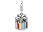 Sterling Silver Rhodium-plated Yellow Enameled Present With Lobster Clasp Charm