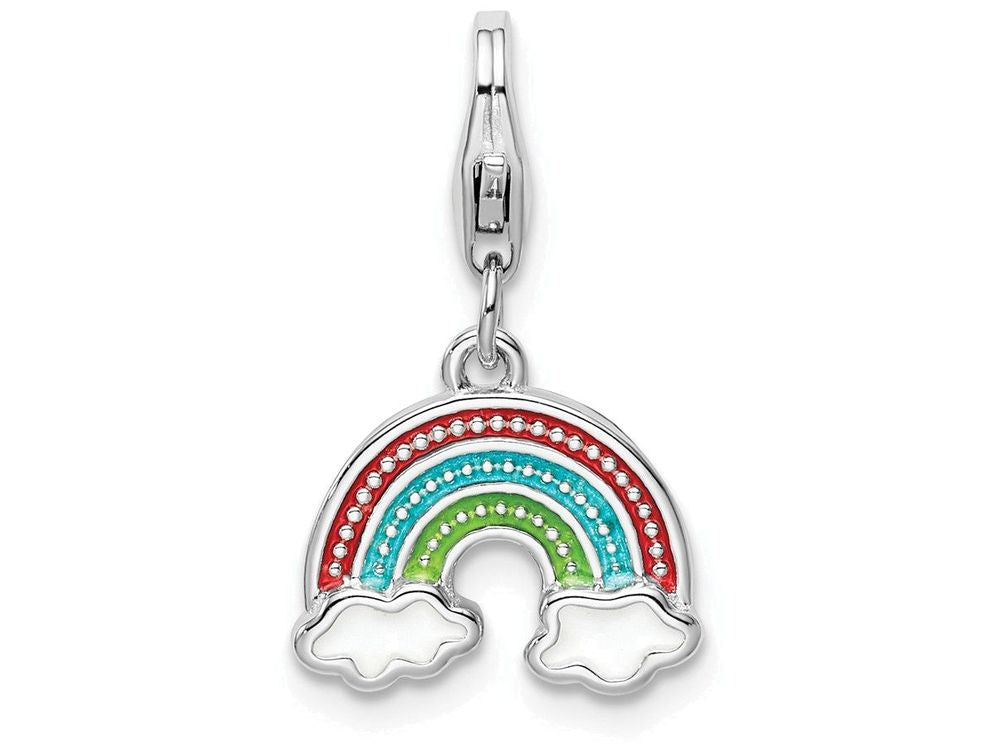 Sterling Silver Rhodium-plated Enameled Rainbow With Lobster Clasp Charm