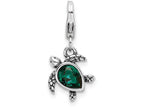 Sterling Silver Rhodium-plated Green Turtle With Lobster Clasp Charm