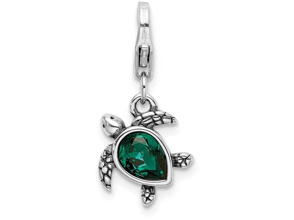 Sterling Silver Rhodium-plated Green Turtle With Lobster Clasp Charm