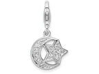 Sterling Silver Rhodium-plated Polished With  Cz Moon And Star Lobster Clasp Charm