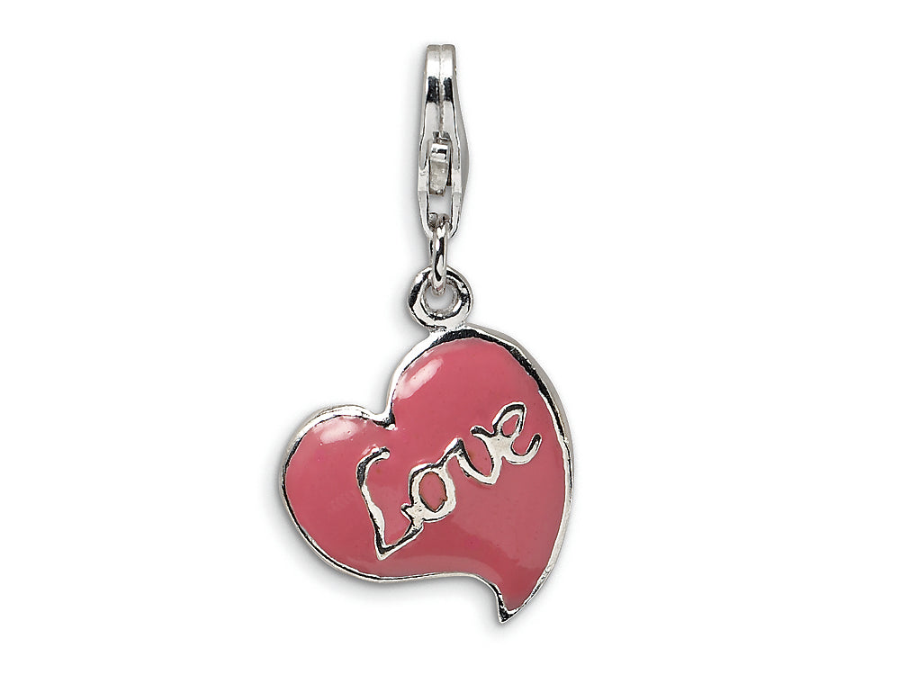 Amore LaVita Sterling Silver 3-D Pink Enameled Heart w/Lobster Clasp Bracelet Charm