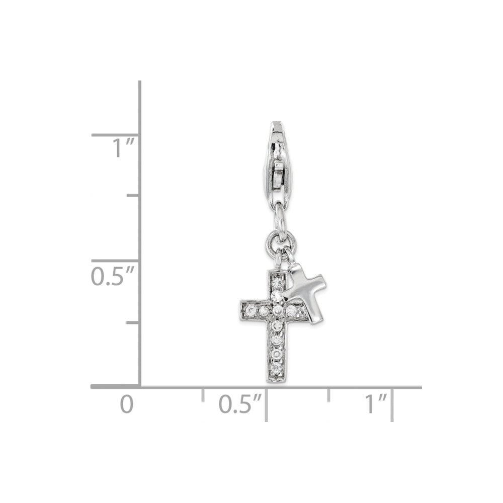 Sterling Silver Rhodium-plated Polished With Cz Two Crosterling Silver Lobster Clasp Charm