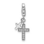 Sterling Silver Rhodium-plated Polished With Cz Two Crosterling Silver Lobster Clasp Charm