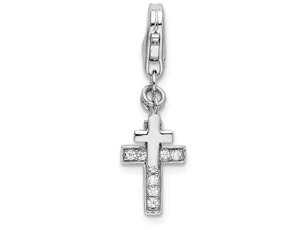 Sterling Silver Rhodium-plated Polished With Cz Two Crosterling Silver Lobster Clasp Charm