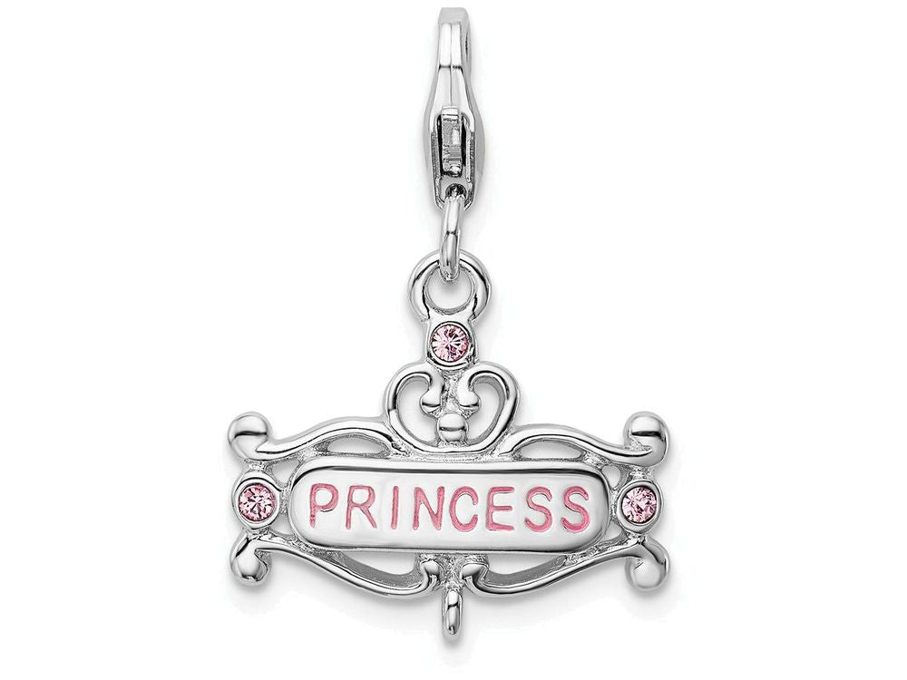Sterling Silver Rhodium-plated Polished Pink Cz Princesterling Silver With Lobster Clasp Charm