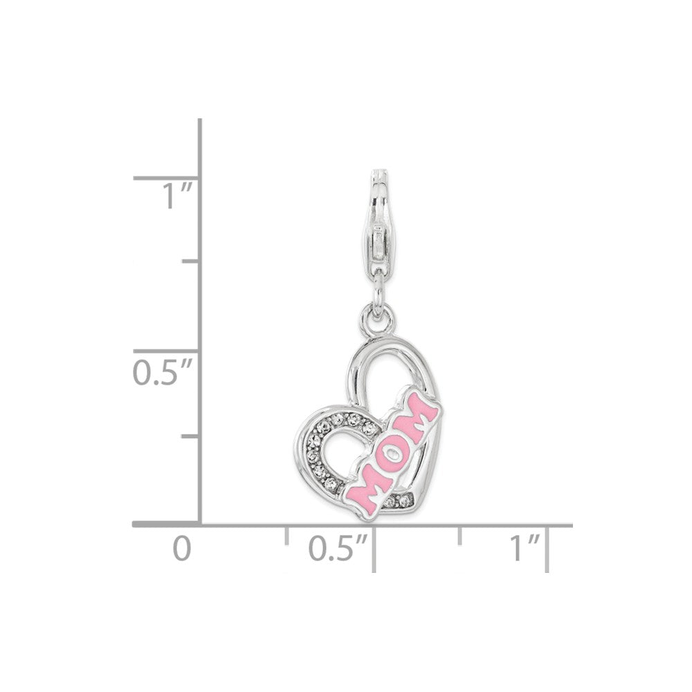 Sterling Silver Rhodium-plated Enameled With Mom Heart Lobster Clasp Charm