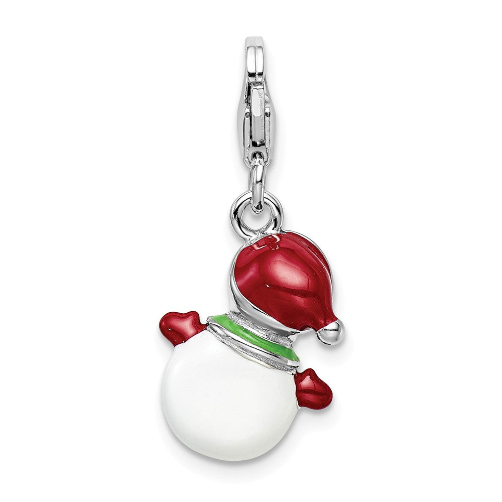 Sterling Silver Rhodium-plated Enameled With 3d Snowman Lobster Clasp Charm