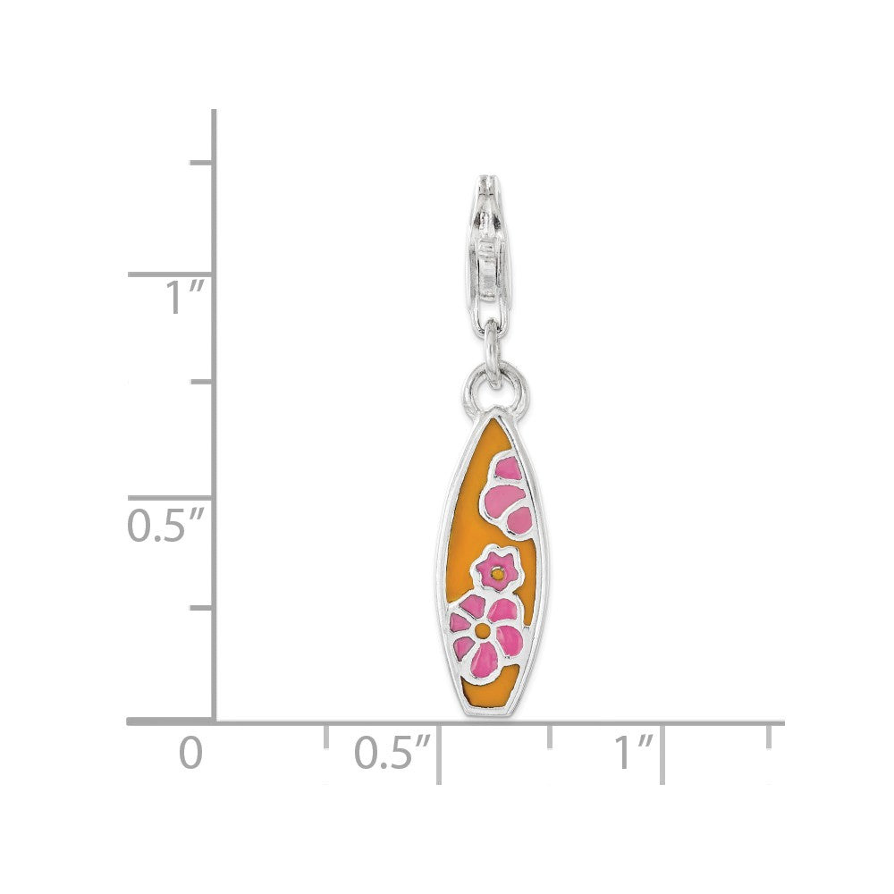 Sterling Silver Rhodium-plated Enameled Surf Board With  Flowers Lobster Clasp Charm