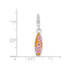 Sterling Silver Rhodium-plated Enameled Surf Board With  Flowers Lobster Clasp Charm
