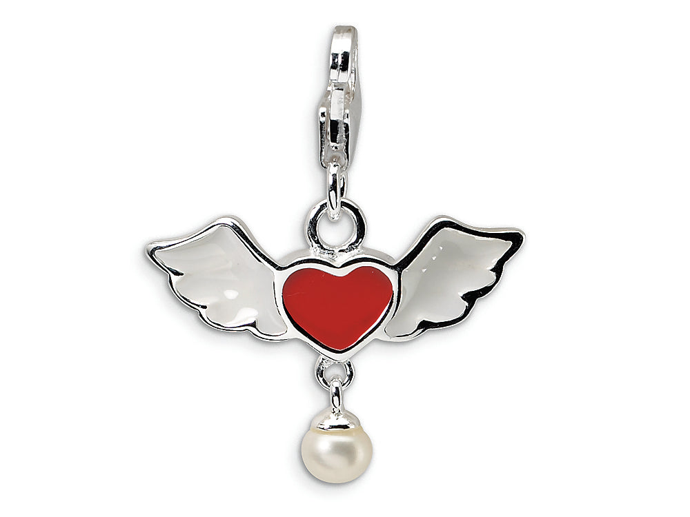 Amore LaVita Sterling Silver 3-D Winged Red Heart FW Cult Pearl w/Lobster Bracelet Charm