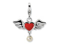 Amore LaVita Sterling Silver 3-D Winged Red Heart FW Cult Pearl w/Lobster Bracelet Charm