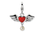 Amore LaVita Sterling Silver 3-D Winged Red Heart FW Cult Pearl w/Lobster Bracelet Charm