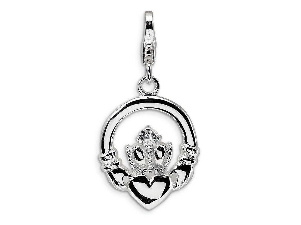 Amore LaVita Sterling Silver CZ Claddagh w/Lobster Clasp Bracelet Charm