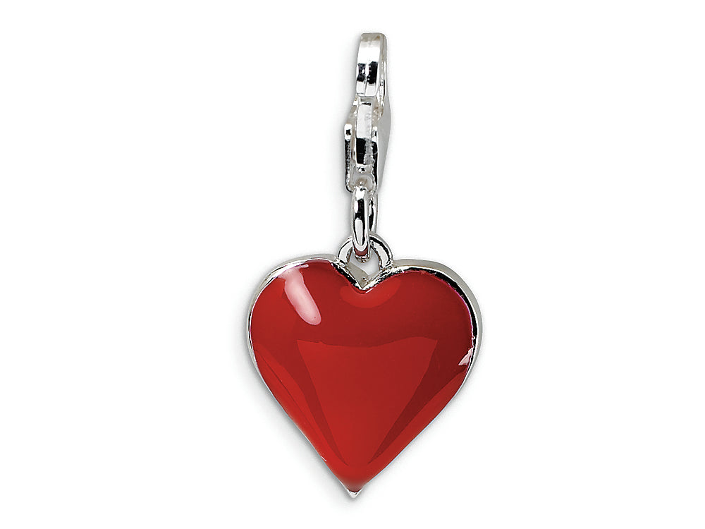Amore LaVita Sterling Silver 3-D CZ and Red Enamel Heart w/Lobster Clasp Bracelet Charm