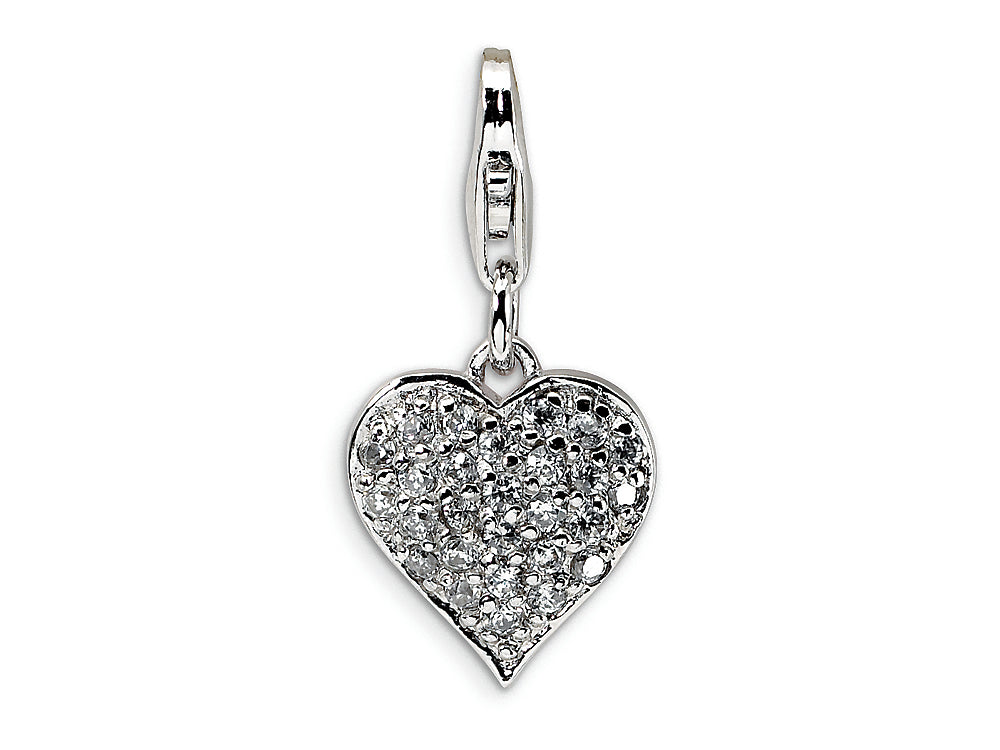 Amore LaVita Sterling Silver 3-D CZ and Red Enamel Heart w/Lobster Clasp Bracelet Charm