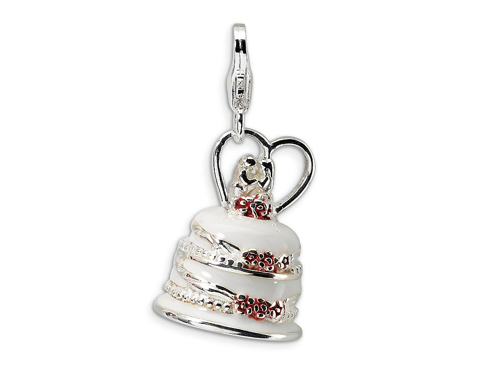 Amore LaVita Sterling Silver 3-D Enameled Wedding Cake w/Lobster Clasp Bracelet Charm