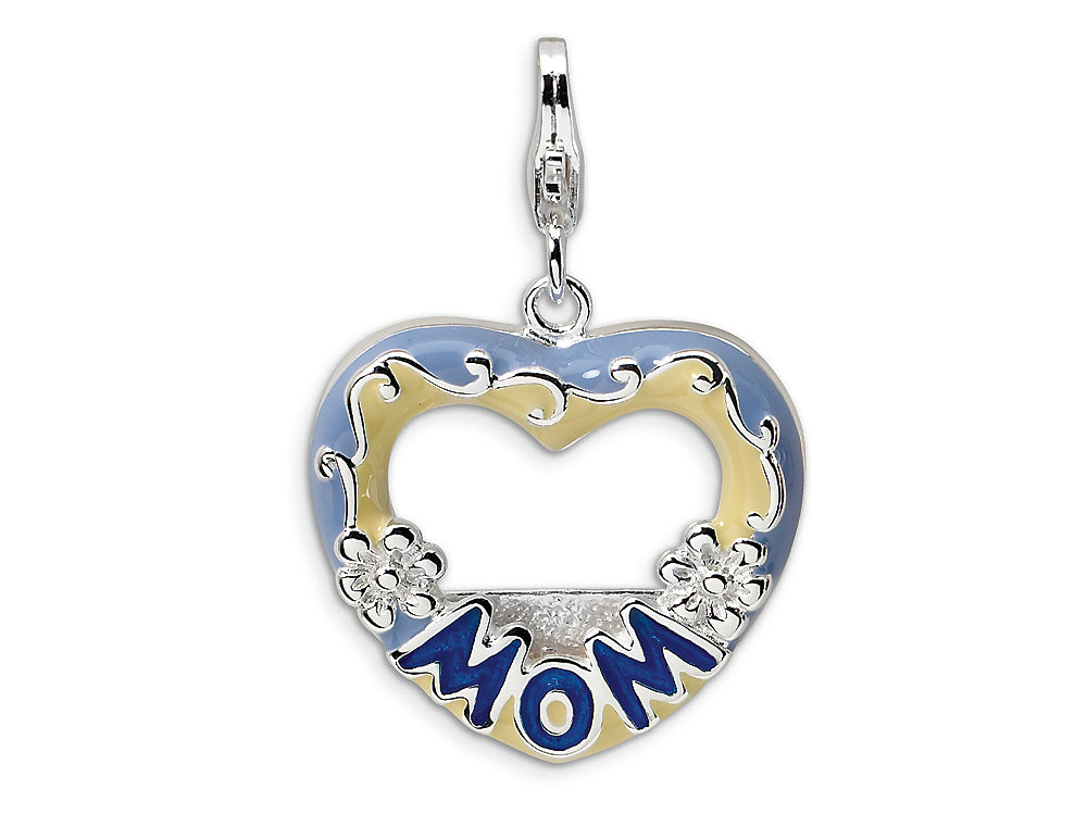 Amore LaVita Sterling Silver 2-D Enameled Blue Mom Photo w/Lobster Clasp Charm (Can insert photo) for Charm Bracelet