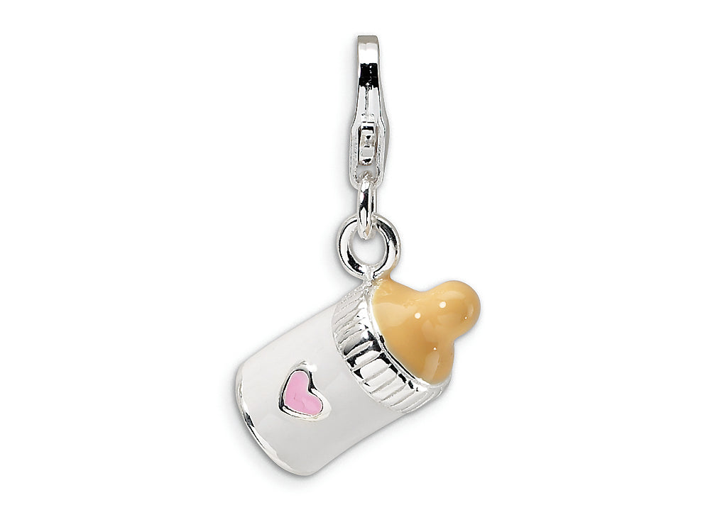 Amore LaVita Sterling Silver 3-D Enameled Baby Bottle w/Lobster Clasp Bracelet Charm