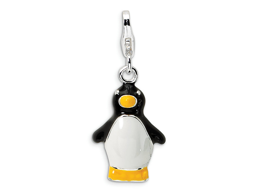 Amore LaVita Sterling Silver 3-D Enameled Penguin w/Lobster Clasp Bracelet Charm