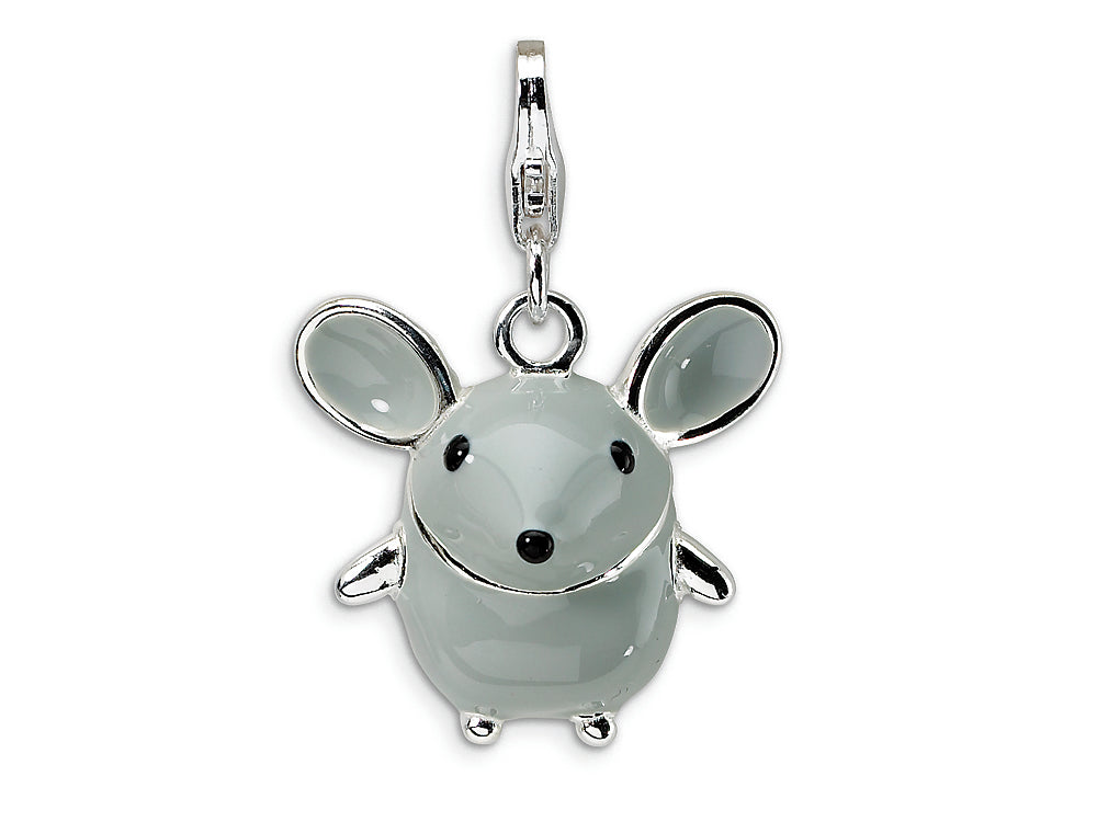 Amore LaVita Sterling Silver 3-D Enameled Grey Mouse w/Lobster Clasp Bracelet Charm