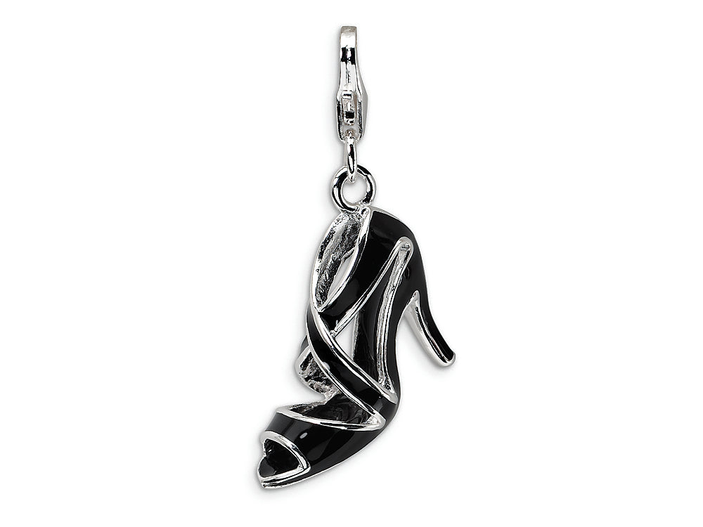 Amore LaVita Sterling Silver 3-D Enameled Black High Heel w/Lobster Clasp Bracelet Charm