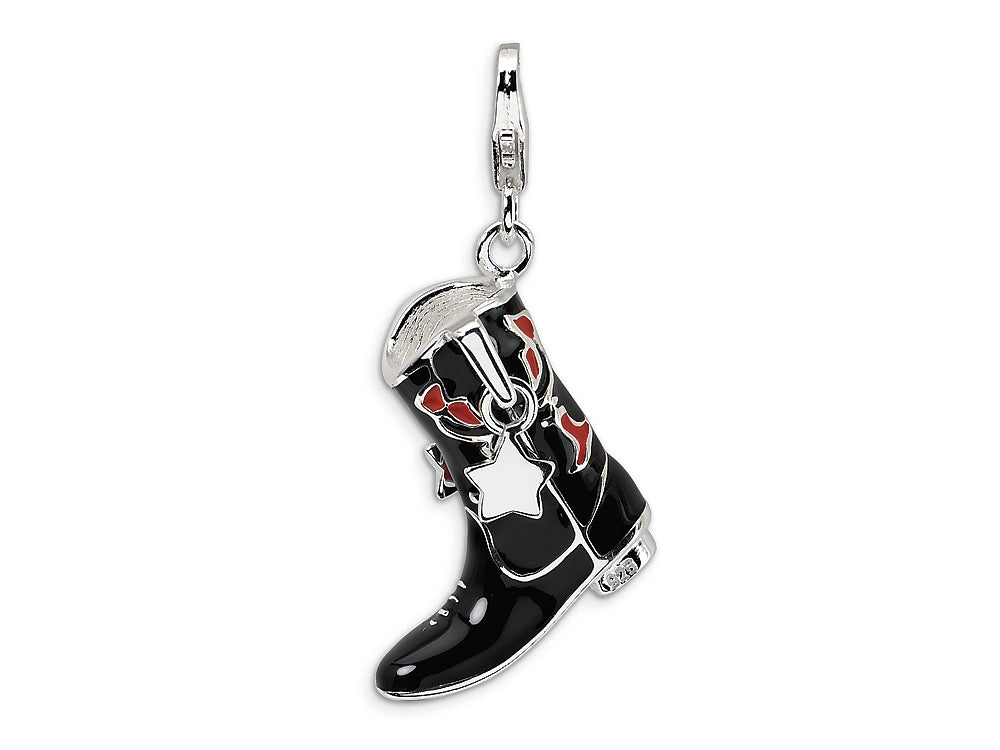 Amore LaVita Sterling Silver 3-D Black and Red Enameled Cowboy Boot w/Lobster Clasp Bracelet Charm