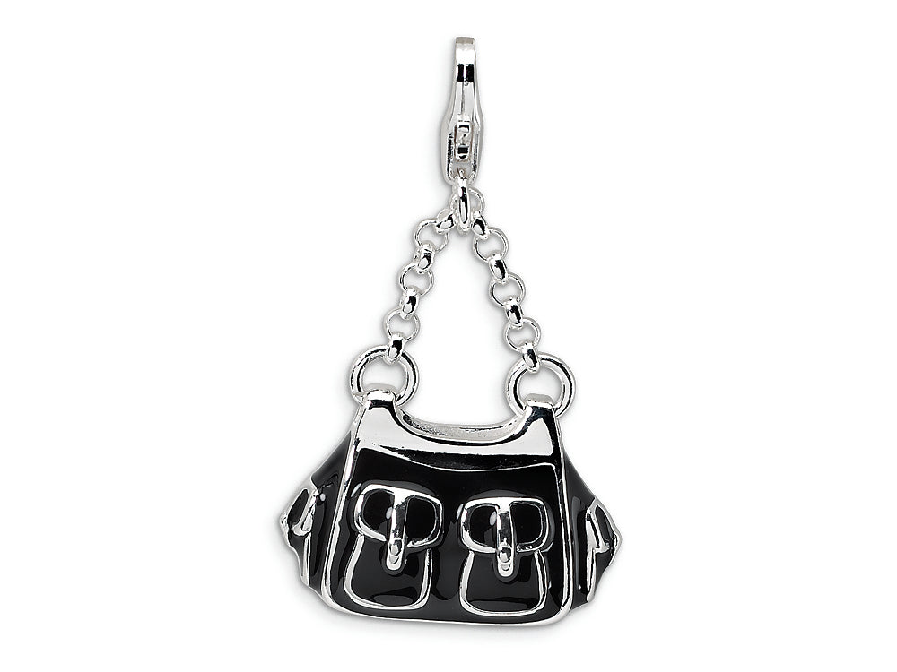 Amore LaVita Sterling Silver 3-D Enameled Black Handbag w/Lobster Clasp Bracelet Charm