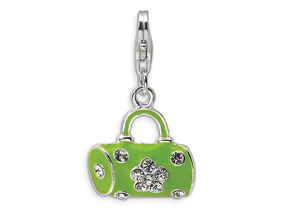 Amore LaVita Sterling Silver Green Enameled and Crystal Purse w/Lobster Clasp Bracelet Charm