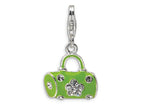 Amore LaVita Sterling Silver Green Enameled and Crystal Purse w/Lobster Clasp Bracelet Charm
