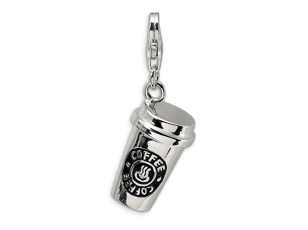 Amore LaVita Sterling Silver 3-D Enameled To Go Coffee Cup w/Lobster Clasp Bracelet Charm