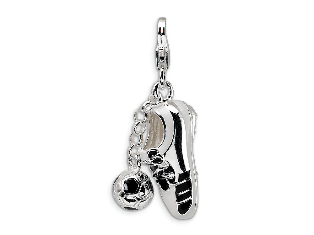 Amore LaVita Sterling Silver 3-D Enameled Soccer Shoe and Soccer Ball w/Lobster Clasp Ch (Moveable) for Charm Bracelet