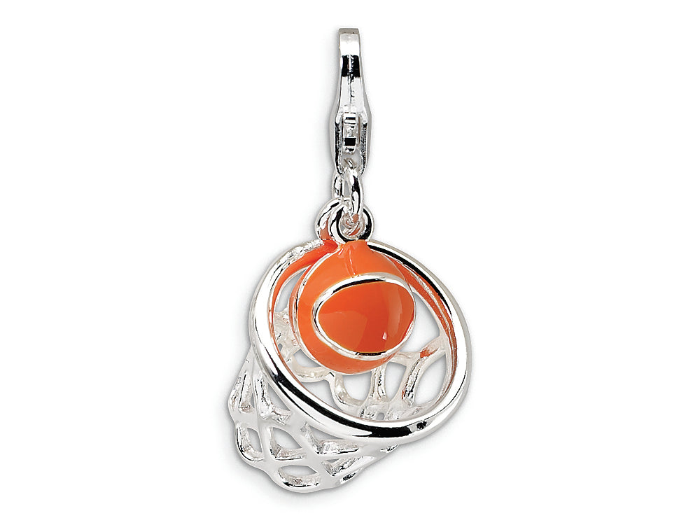 Amore LaVita Sterling Silver 3-D Enameled Basketball in Net w/Lobster Clasp Charm (Moveable) for Charm Bracelet