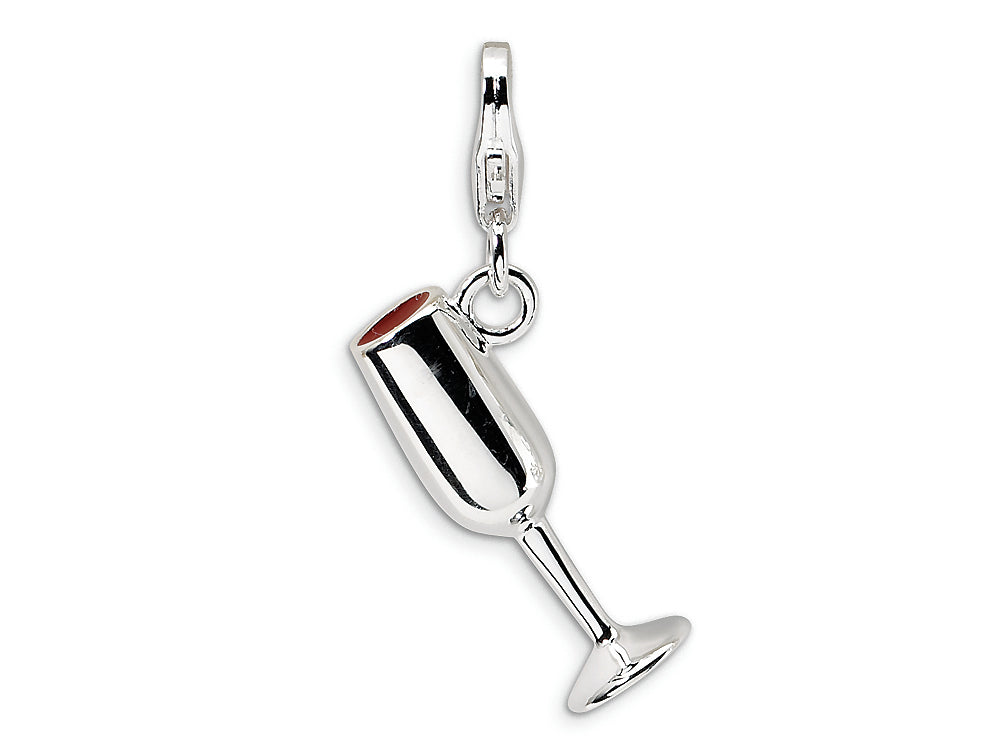 Amore LaVita Sterling Silver 3-D Enameled Red Wine Glass w/Lobster Clasp Bracelet Charm