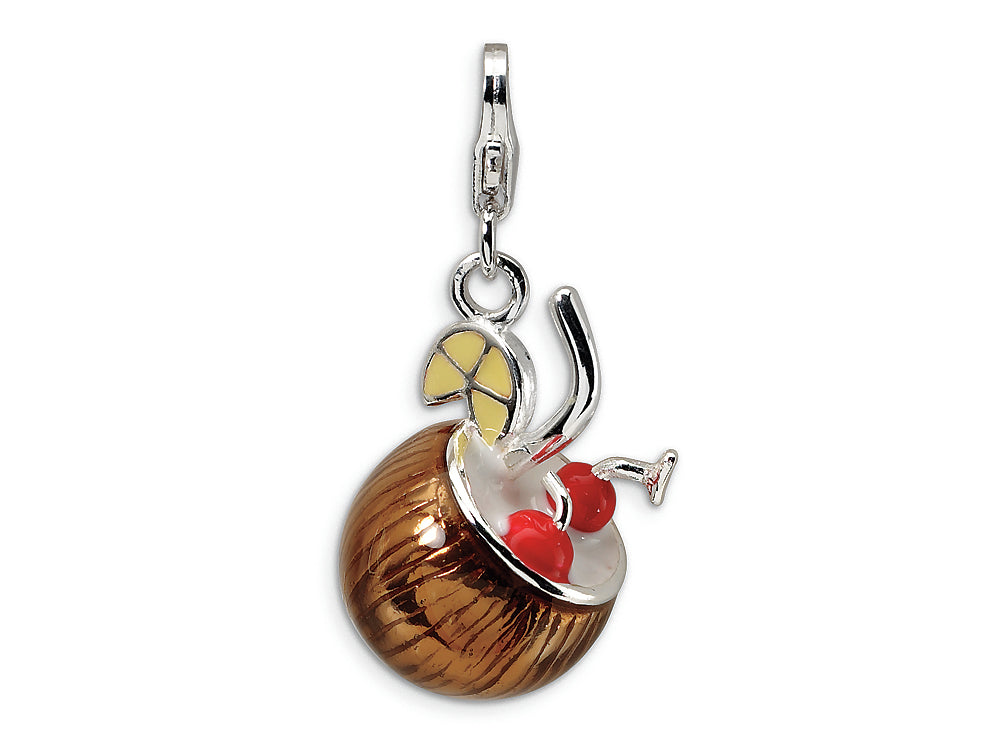 Amore LaVita Sterling Silver 3-D Enameled Pina Colda w/Lobster Clasp Bracelet Charm