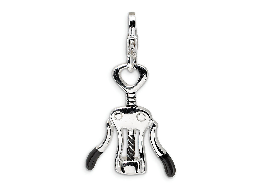 Amore LaVita Sterling Silver 3-D Enameled Champagne Corkscrew w/Lobster Clasp Bracelet Charm