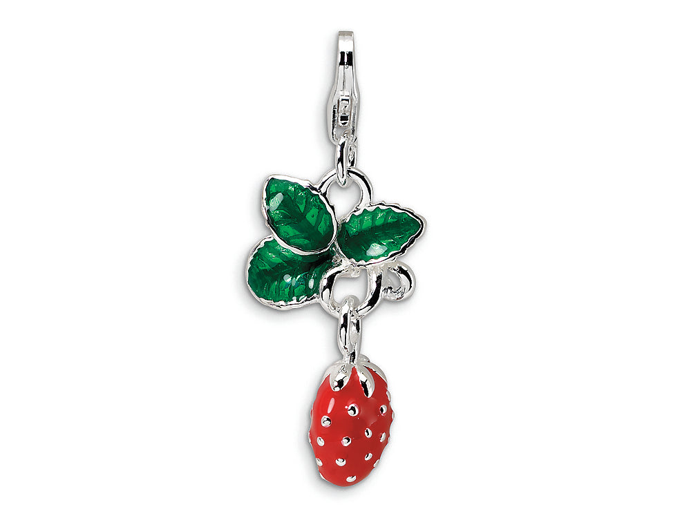 Amore LaVita Sterling Silver 3-D Enameled Strawberry w/Lobster Clasp Bracelet Charm
