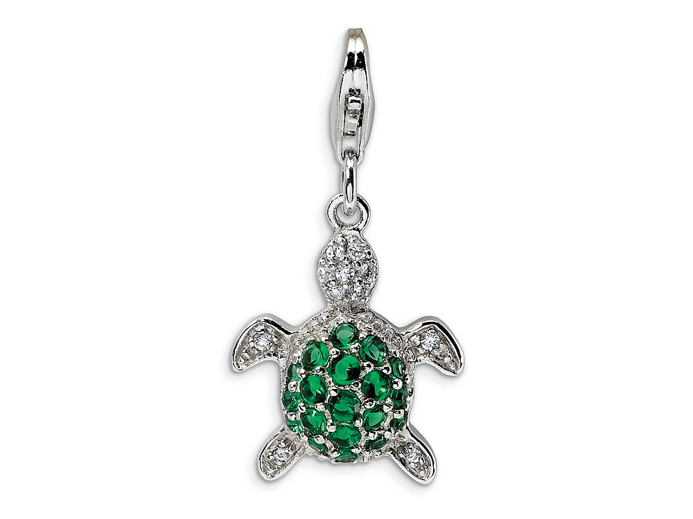Amore LaVita Sterling Silver Green and Clear CZ Turtle w/Lobster Clasp Bracelet Charm