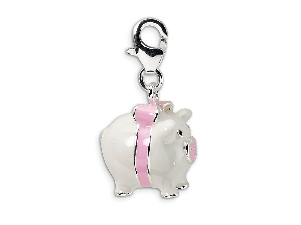 Amore LaVita Sterling Silver 3-D Enameled Pig w/Lobster Clasp Bracelet Charm