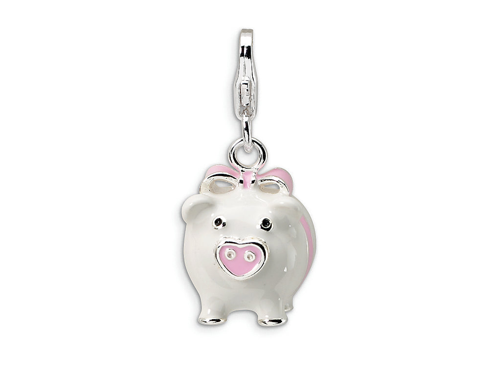 Amore LaVita Sterling Silver 3-D Enameled Pig w/Lobster Clasp Bracelet Charm