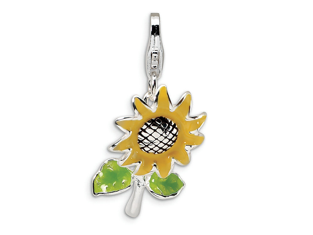 Amore LaVita Sterling Silver 3-D Enameled Sunflower w/Lobster Clasp Bracelet Charm