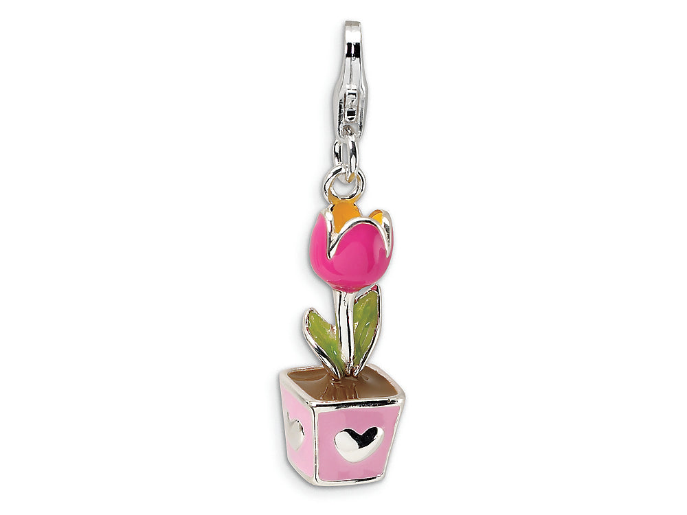 Amore LaVita Sterling Silver 3-D Enameled Tulip w/Lobster Clasp Bracelet Charm