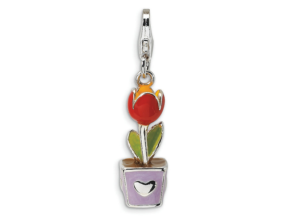 Amore LaVita Sterling Silver 3-D Enameled Tulip Flower in Pot w/Lobster Clasp Bracelet Charm